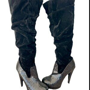 Michael Antonio knee Boots glitter faux suede Sz 5.5  Heels Baddie